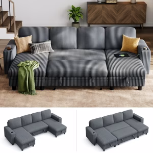 Linsy Home Plush Corduroy Sleeper Sofa Bed with Storage Chaise